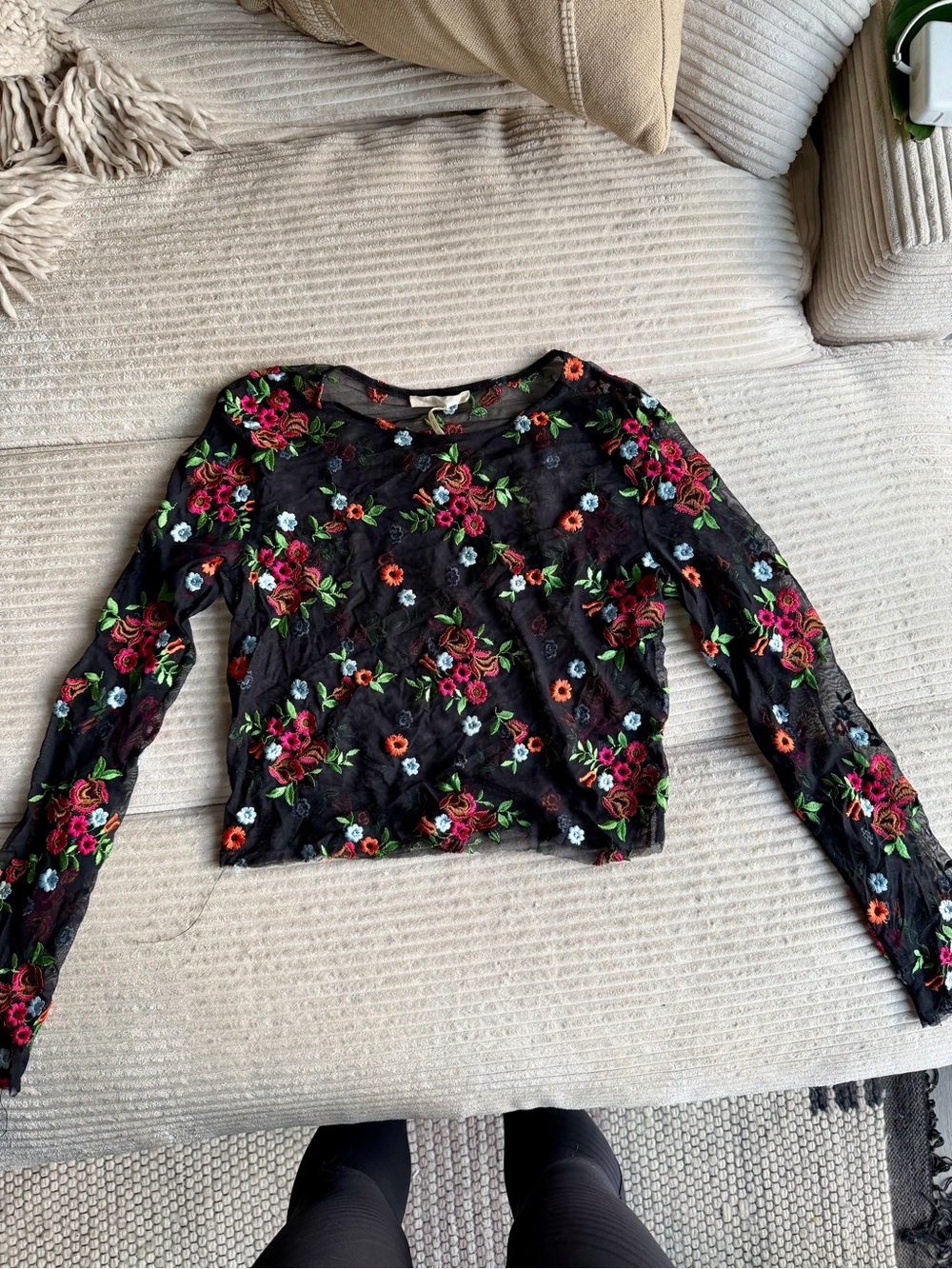 Urban Outfitters Black Sheer Floral Embroidered Long-Sleeve Top